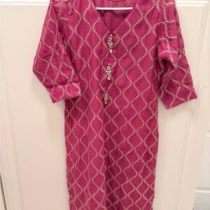 Bareeze - magenta and gold embroidered 3-piece dress